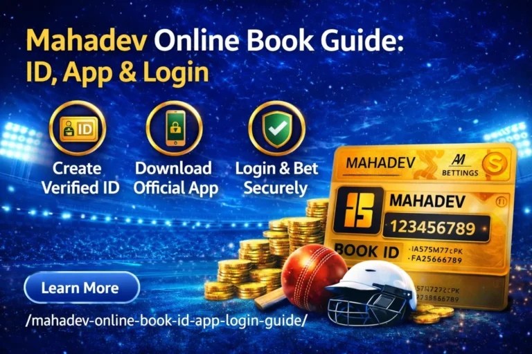 Mahadev online book guide showing ID creation, official app access, secure login and live betting features
