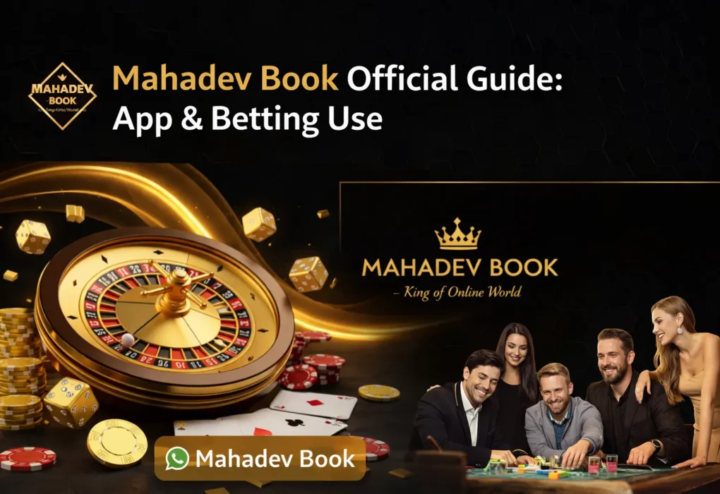Mahadev Book Official Guide banner showing roulette, betting chips, app access, and secure online betting features.