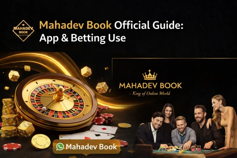 Mahadev Book Official Guide banner showing roulette, betting chips, app access, and secure online betting features.