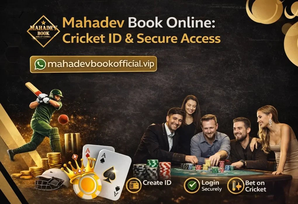 Mahadev Book Online feature banner showing cricket ID setup, secure login access, and professional online betting platform design.