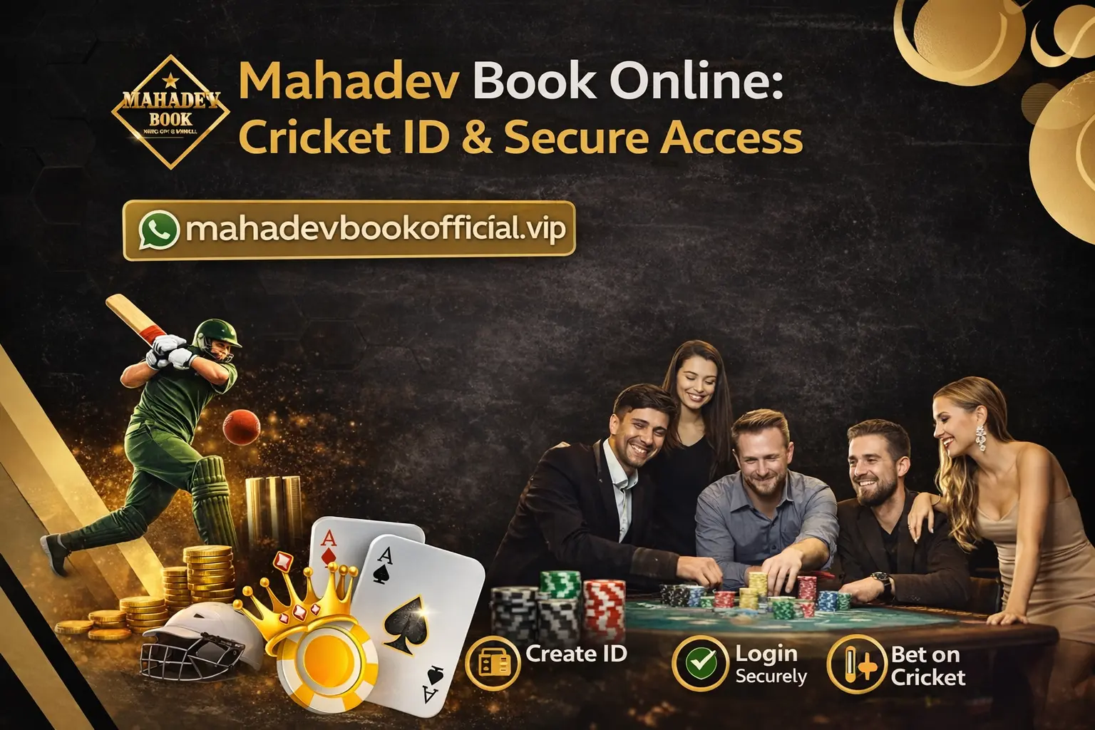 Mahadev Book Online feature banner showing cricket ID setup, secure login access, and professional online betting platform design.